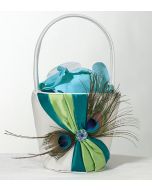 Turquoise and Green Peacock Feathers Flower Girl Basket