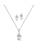 Pearl and CZ Cluster Necklace and Earrings Jewelry Set