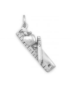 Ruler with Apple & Pencil School / Teacher Sterling Silver Charm