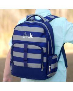 Personalized Boys Navy Blue and Grey Striped Backpack
