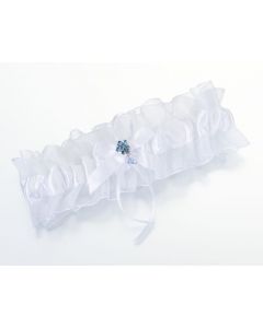 White Bridal Garter with Something Blue Crystal Flower