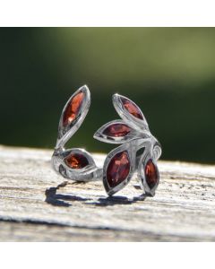 Sterling Silver Red Garnet Leaf Ring