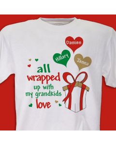 Personalized All Wrapped Up Christmas T-Shirt with Kids or Grandkids Names