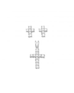 Sterling Silver CZ Cross Pendant & Earrings Jewelry Set