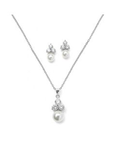 Pearl and CZ Cluster Necklace and Earrings Jewelry Set