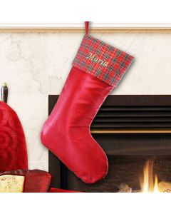 Personalized Red Satin with Plaid Trim Christmas Stocking